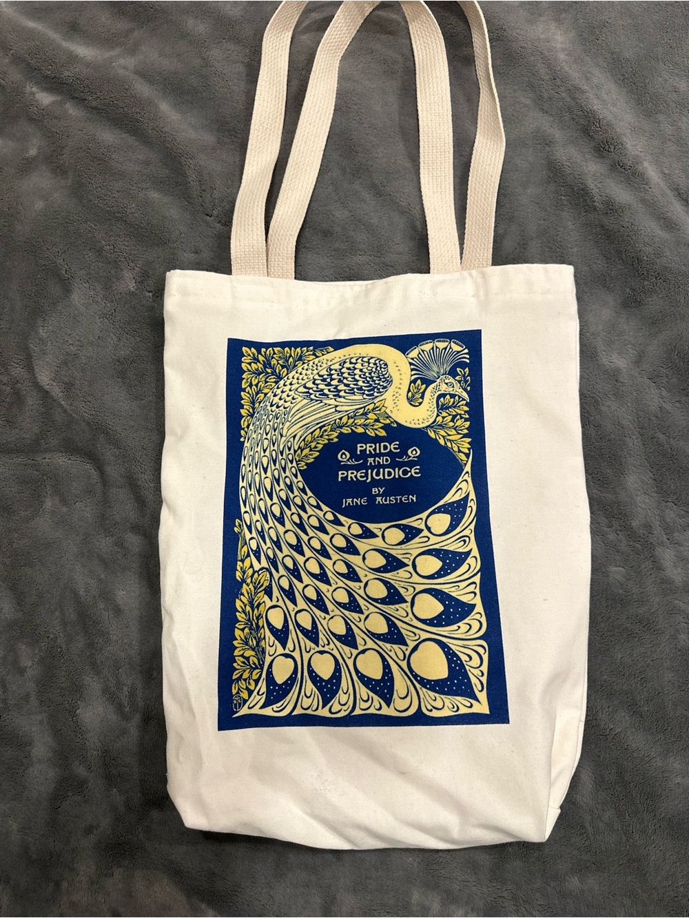 Pride and Prejudice Canvas Tote Bag in Cream with Blue & Yellow Print
